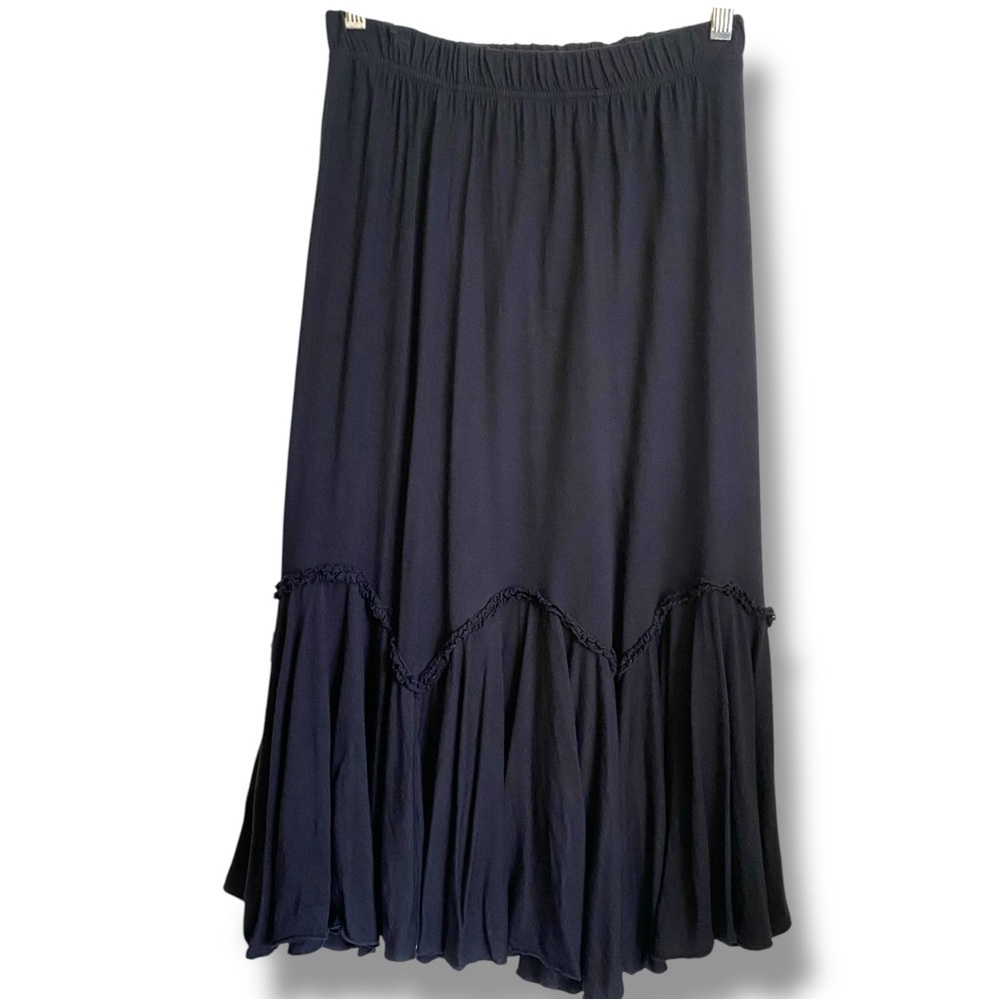 Cordelia Black Midi Tiered Ruffle Lettuce Hem Witchcore Elastic Waistband Skirt - Picture 2 of 7